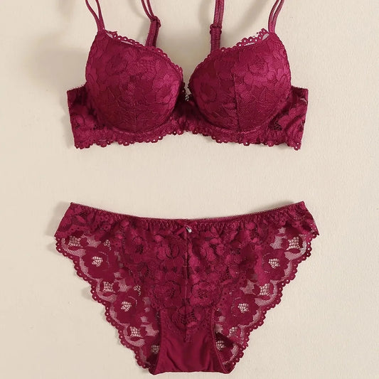 1 Set Elegant Lace Embroidery & Breathable Fabric Lingerie Set: Push-Up Bra, Drop Waist Sheer Panty - Ultimate Valentine's Day