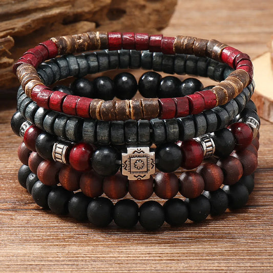 Cross Life Tree 5Pcs/set Vintage Bronze Ethnic Casual Wood Beads Feather Charm Leather Women Bracelets Men Male Jewelry