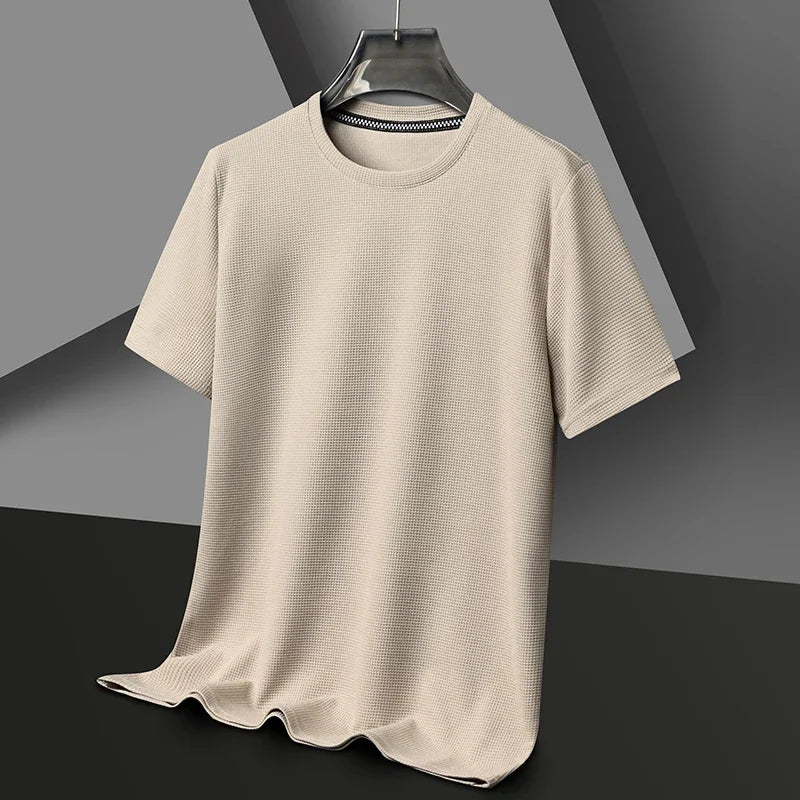 Men's New Summer Waffle round Neck Short Sleeve T-Shirt Comfortable Breathable Short-Sleeved Top for Casual Wear