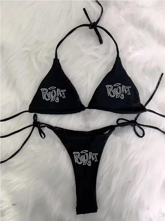 2000s Woman Punk New Beach Swimwear gothic clothes BRAT Rhinestone printing Grunge Swimsuit Bikini Y2K Bathing Suits Lace Up ﻿